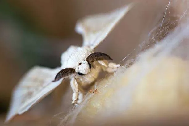 Mariposa-da-seda branca com antenas grandes e plumosas, sobre casulo de seda