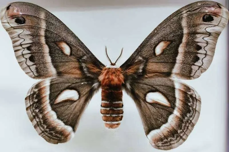 Mariposa de asas abertas, com padrões em marrom, branco e preto, corpo peludo e antenas