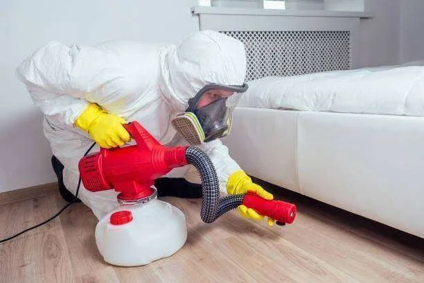 Pessoa com roupa de proteção e máscara, realizando dedetização com nebulizador em quarto